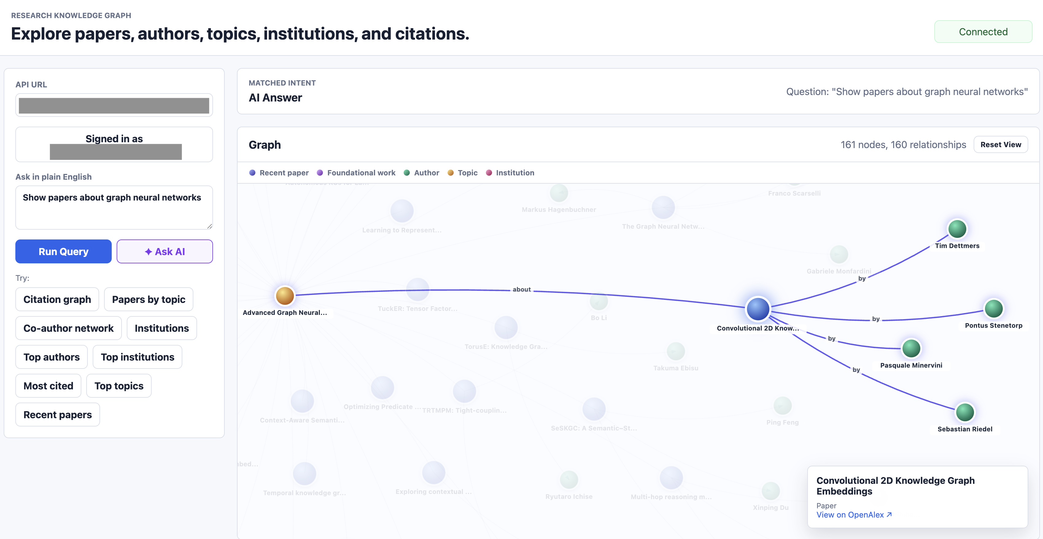 Ask AI: Show papers about graph neural networks — 161 nodes, 160 relationships